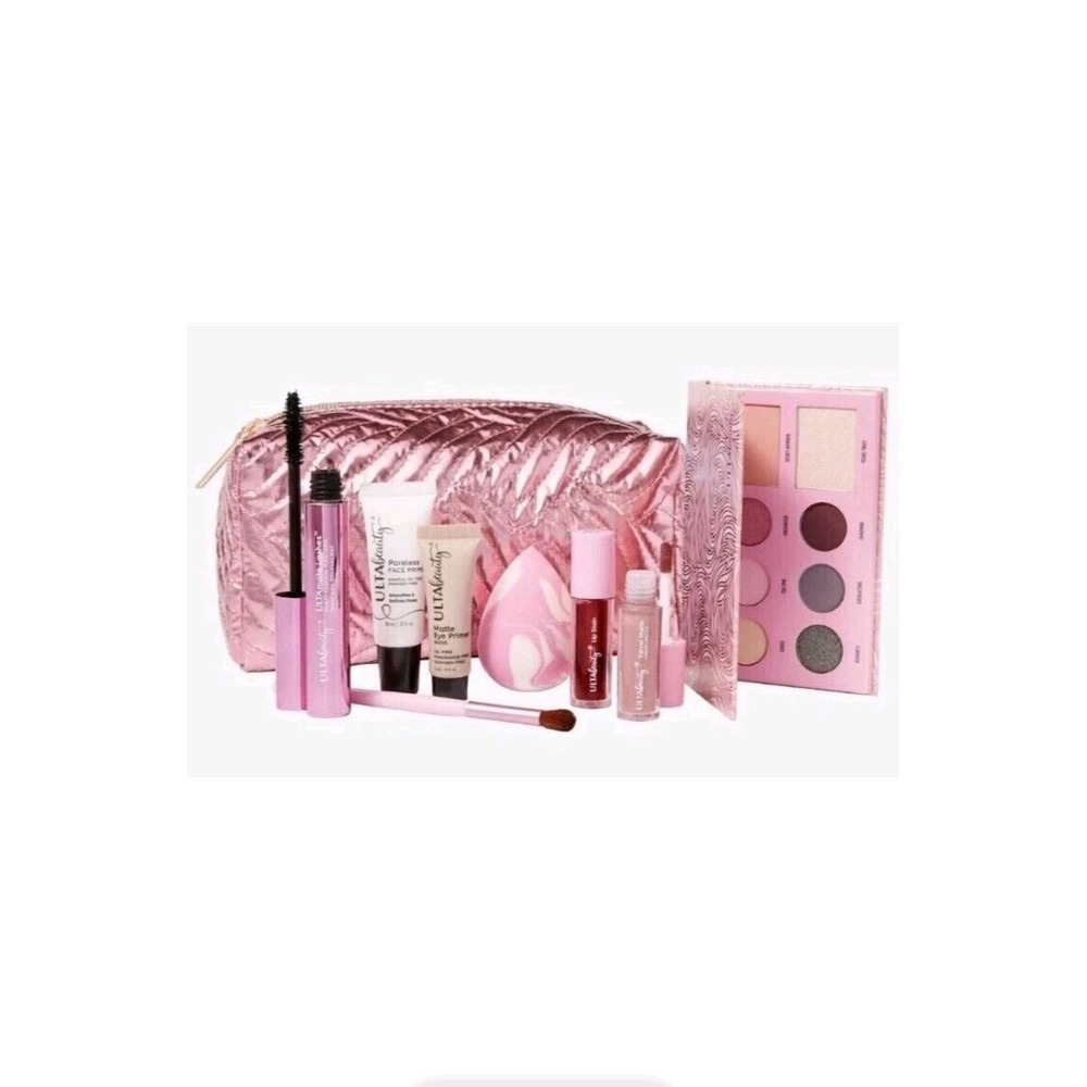 NEW ULTA 9 PC PINK METALLIC BAG EYESHADOW LIPGLOSS MASCARA‎ FACE/EYE PRIMER NWT!
